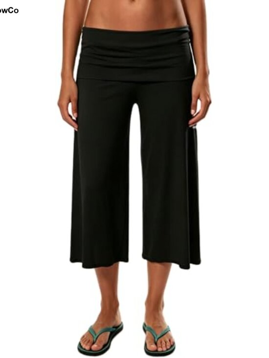 Pants - Women Low Rise Fold Over Wide Leg Capri Gaucho Pants Cotton Stretch Yoga